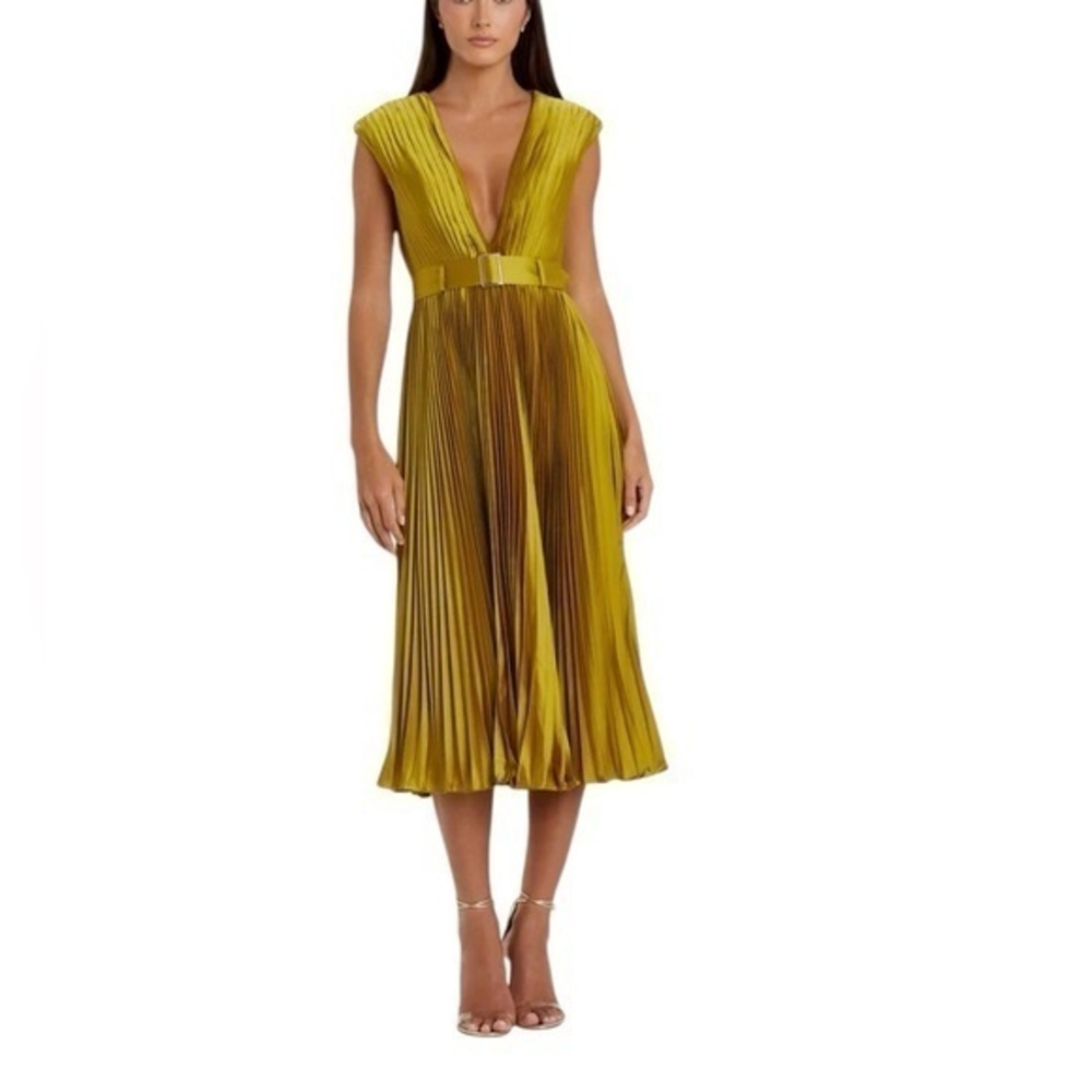 MAC DUGGAL PLEATED CAP SLEEVE BELTED A-LINE MIDI IN CHARTREUSE NWT| Sz 14